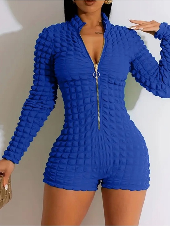 Urban Rose Pants - Textured Zip-Front Royal Blue Romper Jumpsuit